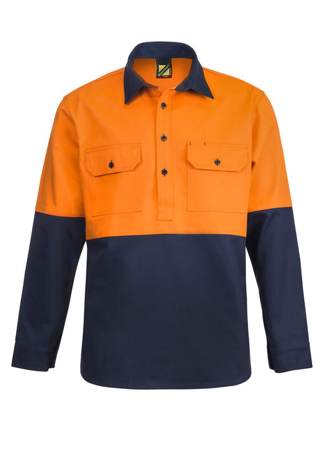 Mens Hi Vis Heavy Duty Hybrid Closed Front Cotton Drill Shirt with Gusset Sleeves (NC-WS4254)
