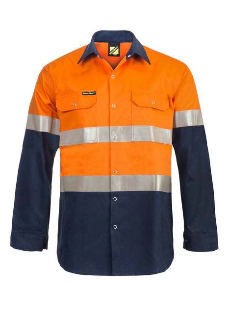 Mens Hi Vis Long Sleeve Cotton Drill Shirt with Press Studs and Reflective Tape (NC-WS3072)