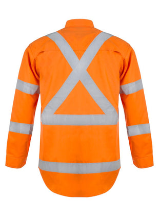 Mens Hi Vis Lightweight Long Sleeve Vented Cotton Drill Shirt with Reflective Tape X Pattern (NC-WS6010)