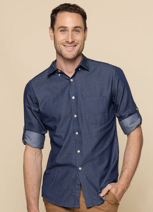 Wellington Mens Denim Dobby Long Sleeve Casual Slim Fit Shirt (GW-1714HL)