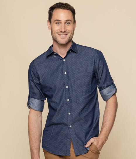 Wellington Mens Denim Dobby Long Sleeve Casual Slim Fit Shirt (GW-1714HL)