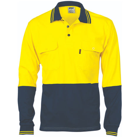 Hi-Vis Cool-Breeze Two Tone Cotton Jersey Polo Shirt with Twin Chest Pocket - Long Sleeve (DN-3944)