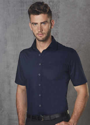 Mens Dobby Striped Taped Short Sleeve Shirt (WS-M7110S)