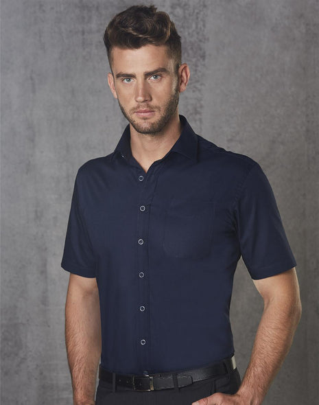 Mens Dobby Striped Taped Short Sleeve Shirt (WS-M7110S)