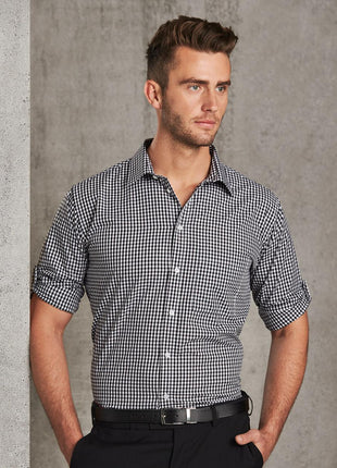 Mens Gingham Check Roll-Up Long Sleeve Shirt (WS-M7300L)