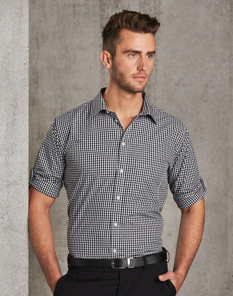 Mens Gingham Check Roll-Up Long Sleeve Shirt (WS-M7300L)