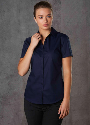Womens Dobby Striped Taped Short Sleeve Shirt (WS-M8110S)