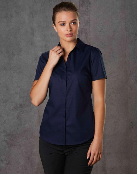 Womens Dobby Striped Taped Short Sleeve Shirt (WS-M8110S)