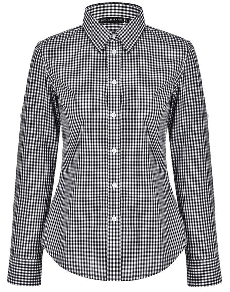 Womens Gingham Check Roll-Up Long Sleeve Shirt (WS-M8300L)