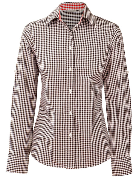 Womens Gingham Check Roll-Up Long Sleeve Shirt (WS-M8330L)