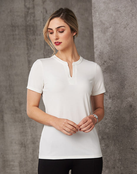 Womens V-Neck With Tab Short Sleeve Knit Top (WS-M8840)