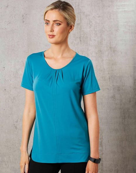 Womens Round Neck With Pleats Short Sleeve Knit Top (WS-M8850)