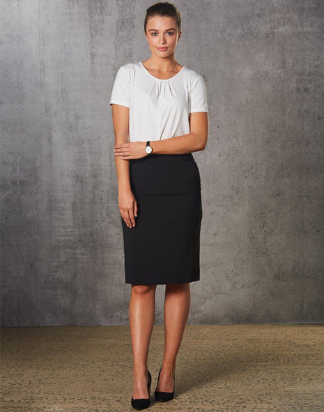 Womens Mid Length Lined Pencil Skirt In Poly / Viscose Stretch Stripe (WS-M9472)