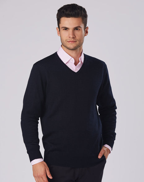 Mens 100% Merino Wool V Neck Long Sleeve Sweater (WS-M9502)
