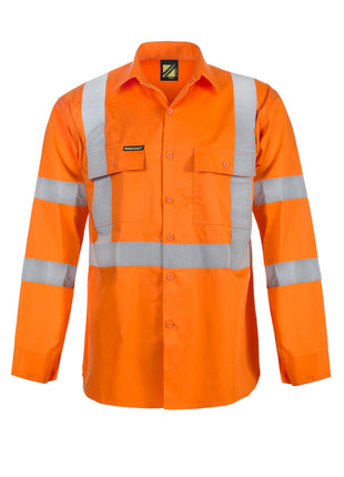 Mens Hi Vis Long Sleeve Cotton Drill Shirt with Reflective Tape X Pattern (NC-WS3222)