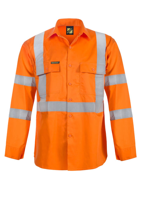 Mens Hi Vis Long Sleeve Cotton Drill Shirt with Reflective Tape X Pattern (NC-WS3222)
