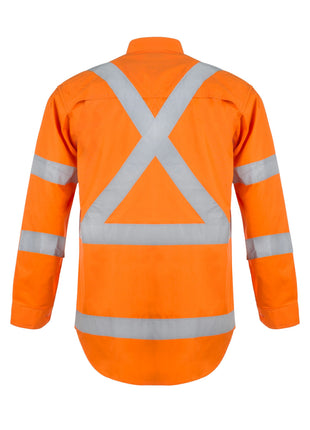 Mens Hi Vis Long Sleeve Cotton Drill Shirt with Reflective Tape X Pattern (NC-WS3222)
