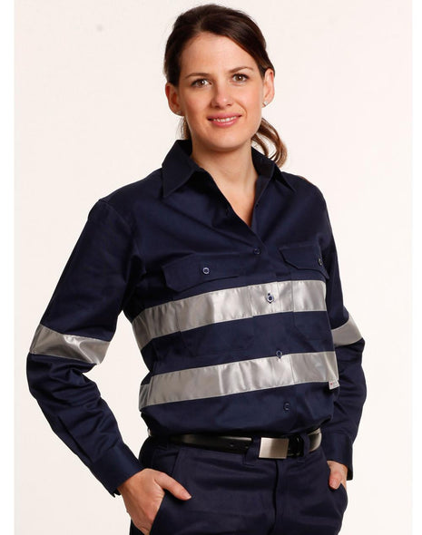 Womens Hi Vis Cotton Drill Long Sleeves Work Shirt With 3M® Reflective Taps (WS-WT08HV)