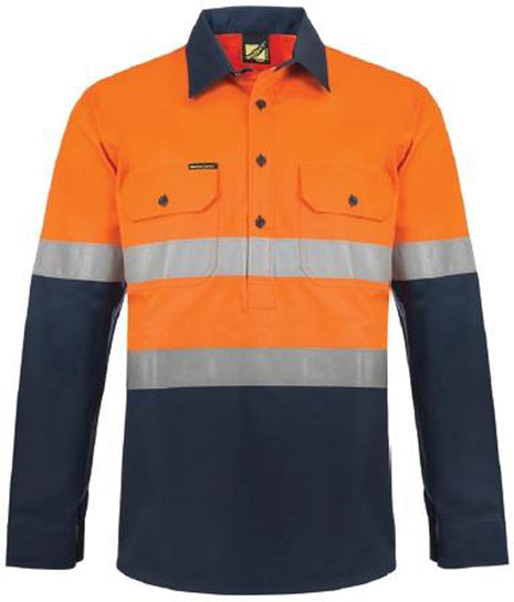 Mens Hi Vis Heavy Duty Hybrid Closed Front Cotton Drill Shirt with Reflective Tape and Gusset Sleeves (NC-WS6031)